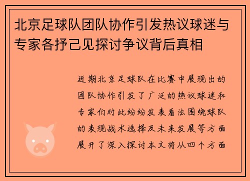 北京足球队团队协作引发热议球迷与专家各抒己见探讨争议背后真相